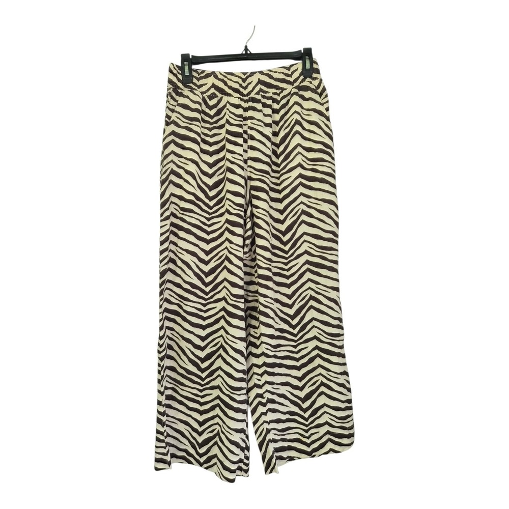 Tahari 100% Linen Zebra Print Wide Leg Pants Small Animal Print Safari Boho